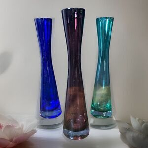 3 Jewel Tone Glass Bud Vases 8” Jade Green, Cobalt Blue, Amethyst Vtg 90s Decor